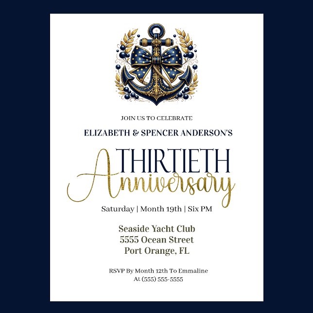 Blue Gold Nautical Anchor 30th Wedding Anniversary Inbjudningar (Navy blue and gold nautical anchor 30th wedding anniversary invitation with elegant coastal theme
)