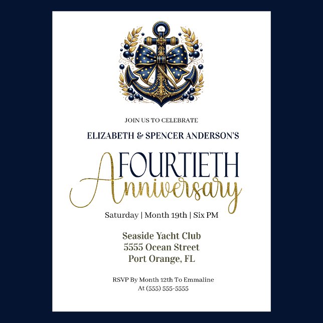 Blue Gold Nautical Anchor 40th Wedding Anniversary Inbjudningar (Navy and gold nautical anchor 40th wedding invitation for girl seaside yacht club theme)