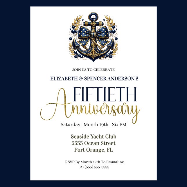 Blue Gold Nautical Anchor 50th Wedding Anniversary Inbjudningar (Navy and gold nautical anchor 50th wedding invitation for girl seaside yacht club theme)