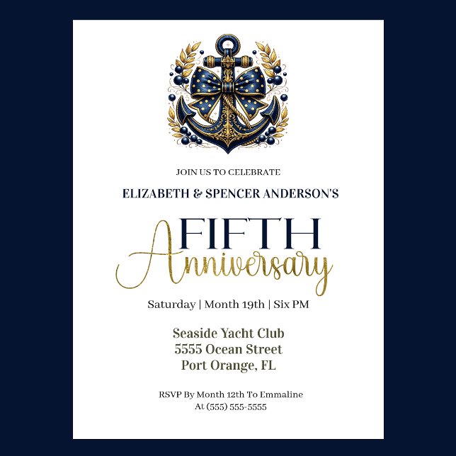Blue Gold Nautical Anchor 5th Wedding Anniversary Inbjudningar (Navy blue and gold nautical anchor 5th wedding anniversary invitation with elegant coastal theme
)