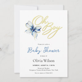 Blue & Gold “Oh Boy” Floral Typography Baby Shower Inbjudningar