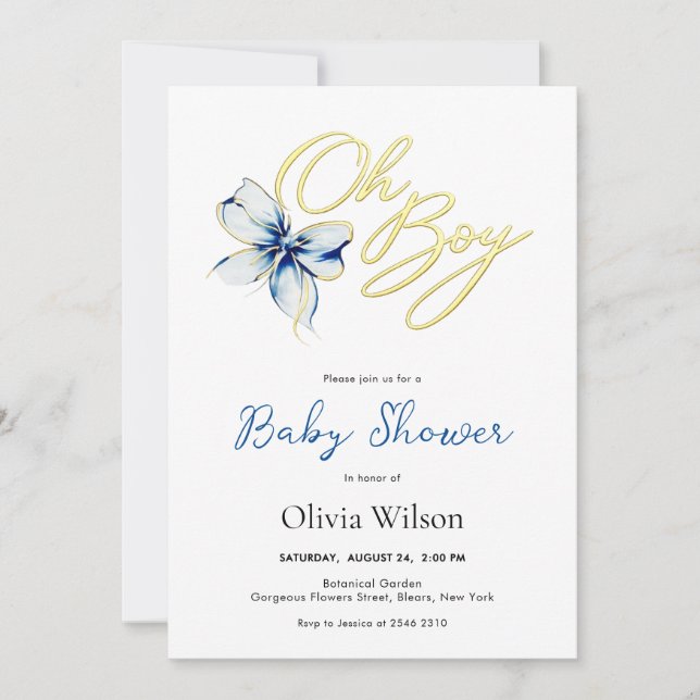 Blue & Gold “Oh Boy” Floral Typography Baby Shower Inbjudningar (Framsida)