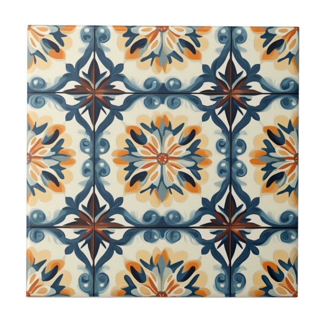 Blue Gold Orange and Brown Pattern Ceramic Tile Kakelplatta (Framsidan)