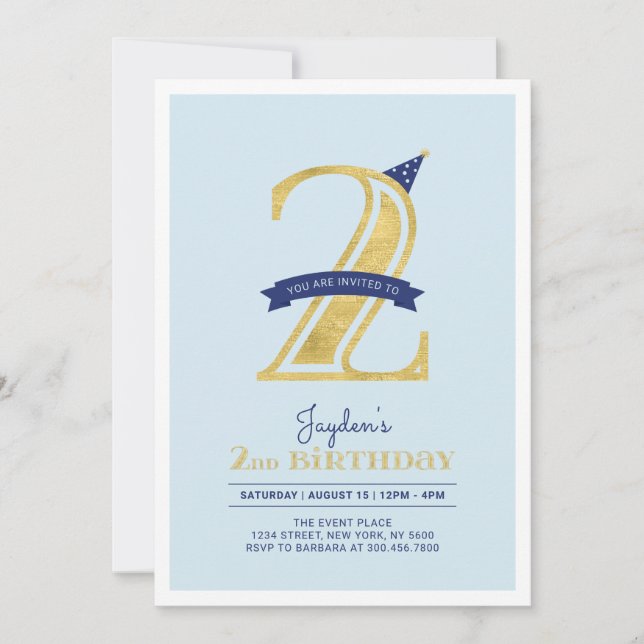 Blue & Gold |  Pojkens 2-års födelsedagsfest Inbjudningar (Framsida)