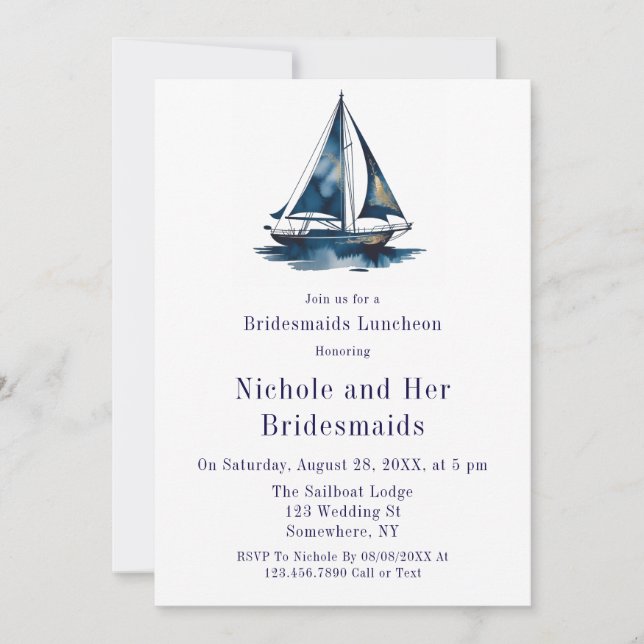 Blue & Gold Sailboat Nautical Bridesmaids Luncheon Inbjudningar (Framsida)