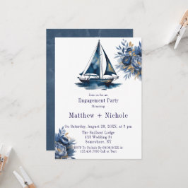 Blue & Gold Sailboat Nautical Engagement Party Inbjudningar
