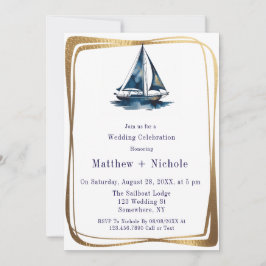 Blue & Gold Sailboat Nautical Wedding Celebration Inbjudningar