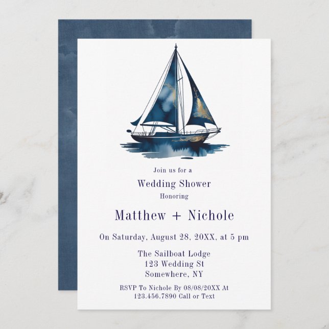 Blue & Gold Sailboat Nautical Wedding Shower Inbjudningar (Fram/baksida)