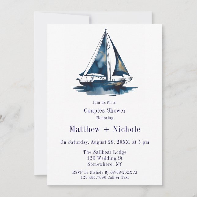 Blue & Gold Sailboat Nautical Wedding Shower Inbjudningar (Framsida)