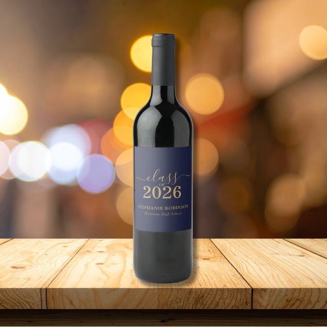 Blue Gold Script Klass 2026 Examenfest Vinflaska Etikett (Skapare uppladdad)