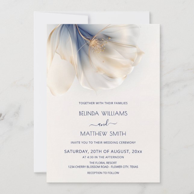 Blue Gold Smoky Watercolor Flower Wedding Inbjudningar (Framsida)