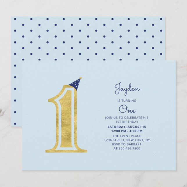Blue & Gold | Söt Modern Pojke 1-års Födelsedagsfe Inbjudningar (Fram/baksida)