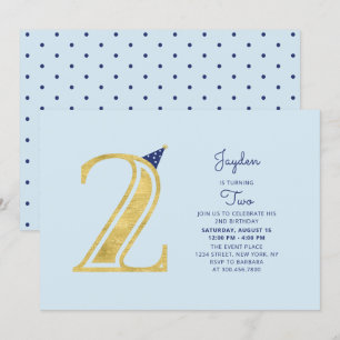 Blue & Gold Söt modern pojke 2-års födelsedagsfe Inbjudningar