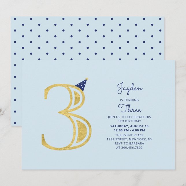 Blue & Gold | Söt Modern Pojke 3-års Födelsedagsfe Inbjudningar (Fram/baksida)