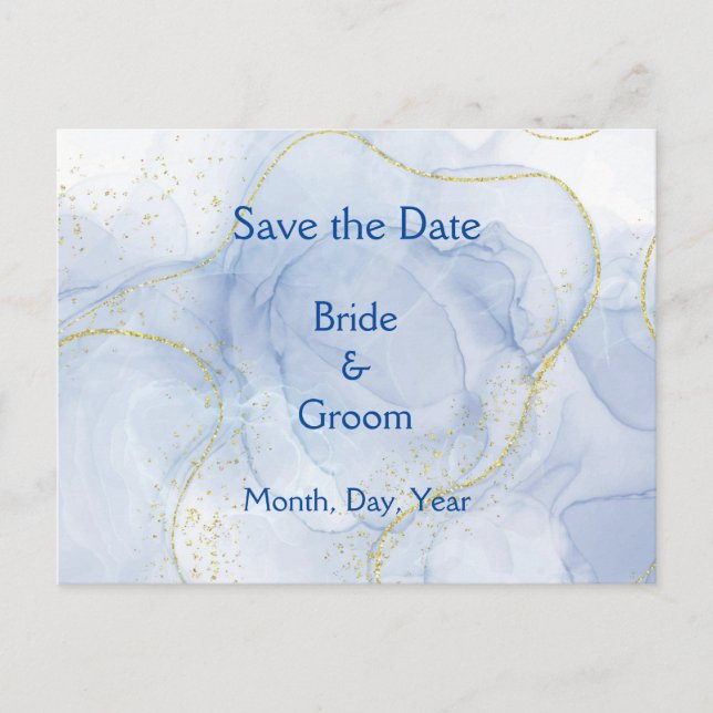 Blue Gold Swirl Save the Date Wedding Invites Meddelande Vykort (Framsida)
