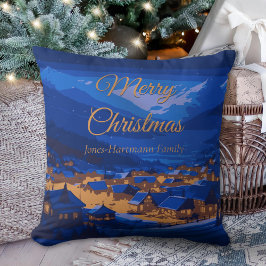 Blue Gold Winter Village Family Christmas Kudde