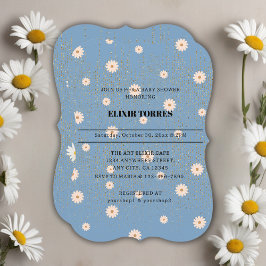 Blue Golden Daisy Glitter Glow Baby Shower Inbjudningar
