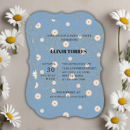 Blue Golden Daisy Glitter Glow Baby Shower Inbjudningar