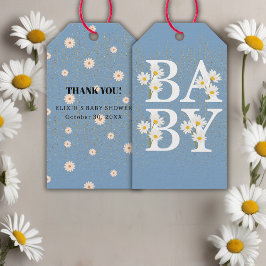 Blue Golden Daisy Glitter Glow Baby Shower Presentetikett