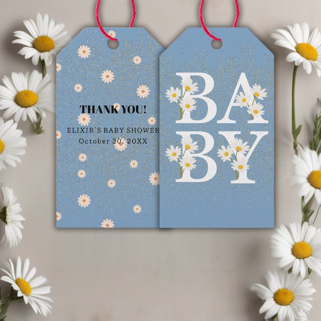 Blue Golden Daisy Glitter Glow Baby Shower Presentetikett (Skapare uppladdad)