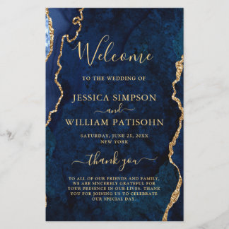 Blue Golden Marble Agate Bröllop Ceremony Program