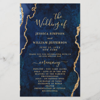 Blue Golden Marble Agate Bröllop Ceremony Program