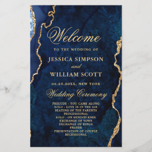 Blue Golden Marble Agate Bröllop Ceremony Program