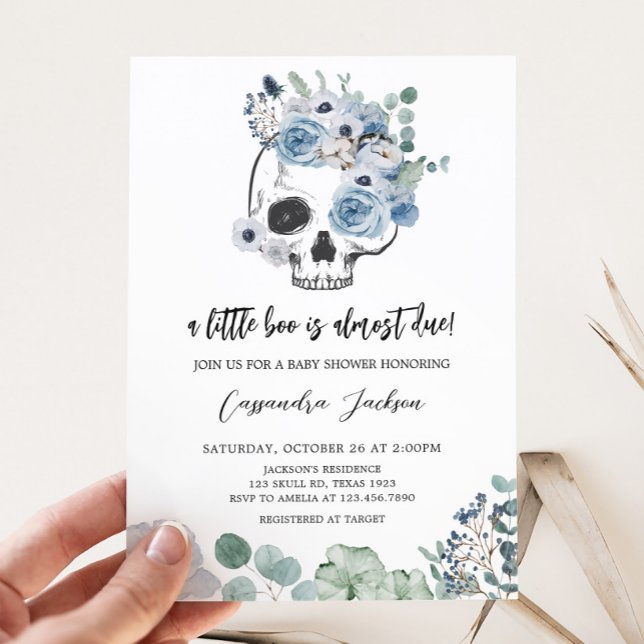 Blue Gothic Blommigt Skull Baby Shower Inbjudningar (Floral Skull Baby Shower Invitation)