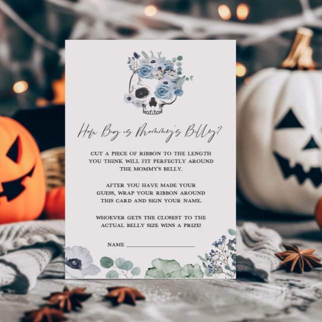 Blue Gothic Skull Hur stort är Mommys Belly Game (Floral Skull Baby Shower How Big is Mommys Belly Game)