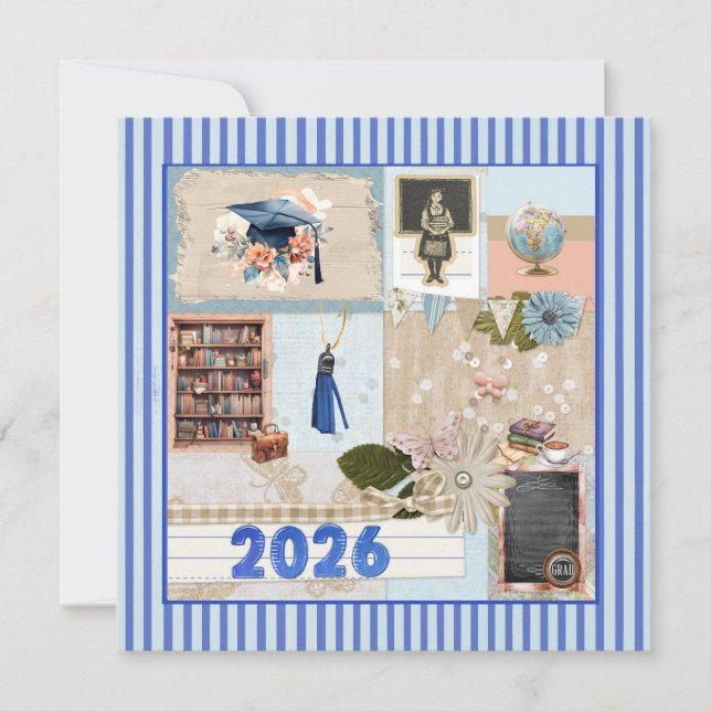 Blue Grad 2026, Girl, Cap, Tassel, Bookcase, Globe Julkort (Framsida)
