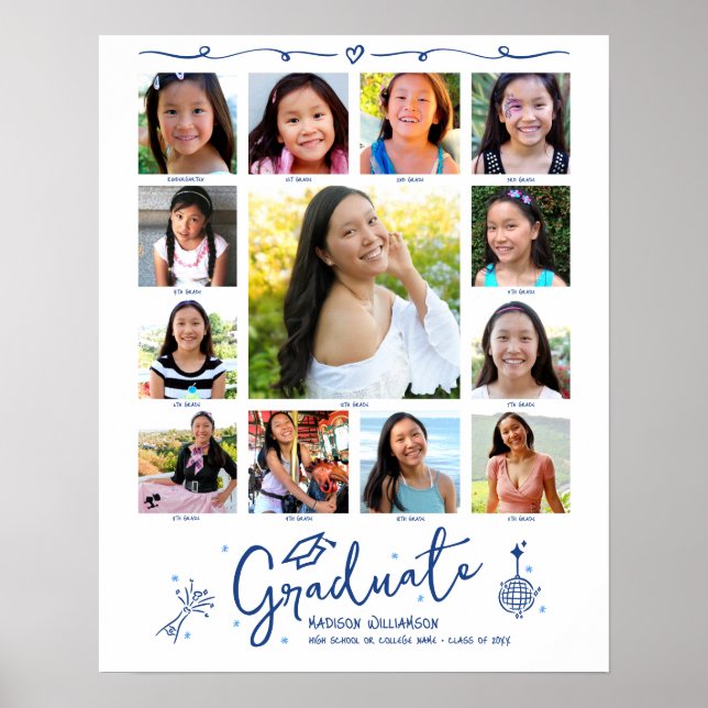 Blue Graduation K–12 Photo Collage Doodles White Poster (Framsidan)