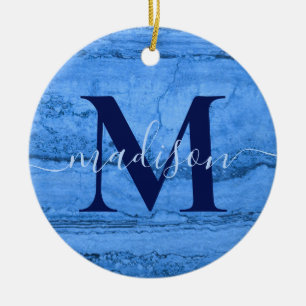 Blue Granite mönster, blå marmorstensmonogram Julgransprydnad Keramik
