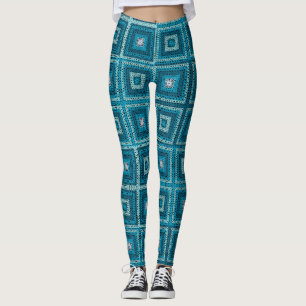 Blue Granny Square Mönster Leggings
