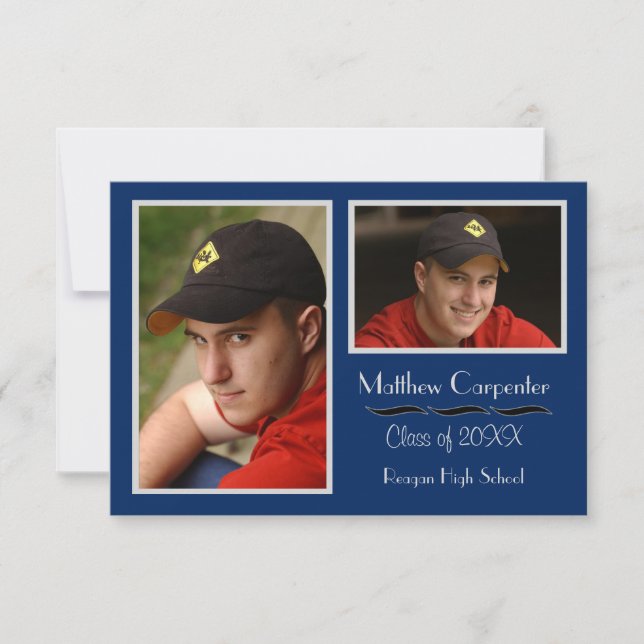 Blue & Grått 2 Photo Collage -3x5 Grad-meddelande Inbjudningar (Framsida)