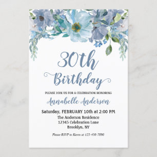 Blue Grått Blommigt Garden Watercolor Script Birth Inbjudningar