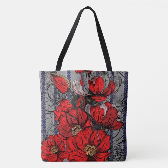 Blue Grått Blommigt Red Mode Designer Tote Tygkasse (Framsida)