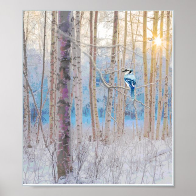 Blue Grått Blue Jay Bird Forest Träd Art Poster (Framsidan)