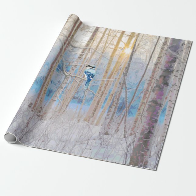 Blue Grått Blue Jay Bird Forest Träd Art Presentpapper (Utrullad)