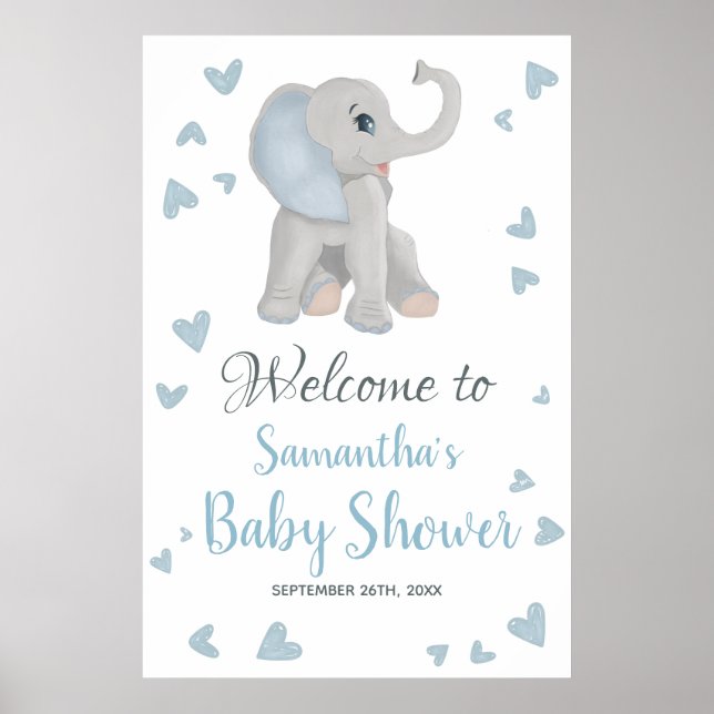 Blue Grått Boy Elephant Baby Shower Välkomstskylt Poster (Framsidan)