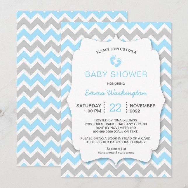 Blue Grått Chevron Baby Shower-inbjudan Inbjudningar (Fram/baksida)