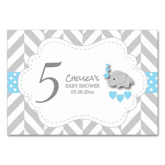 Blue & Grått Chevron Elephant - HZ Bord Card Bordsnummer (Framsidan)