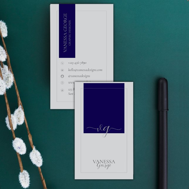 Blue Grått Elegant Cute Modern Monogram-Anpassning Visitkort (Blue Grey Elegant Cute Modern Monogram Custom Business Card)