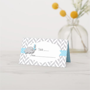 Blue & Grått Elephant Baby Shower Dubbel Placeringskort