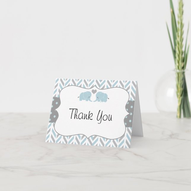 Blue Grått Elephant Baby Shower - tack för ditt ko Kort (Framsida)