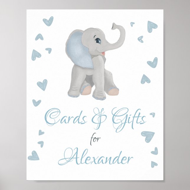 Blue Grått Elephant Gifts & Cards Baby Shower Sign Poster (Framsidan)