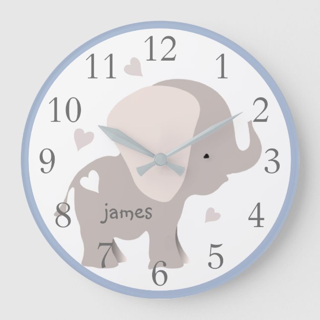 Blue Grått Elephant Nursery Wall Clock Stor Klocka (Framsida)