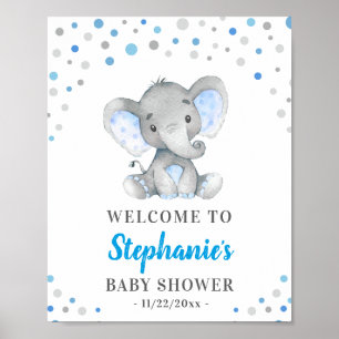 Blue Grått Elephant Polka Dot Baby Shower Välkomme Poster