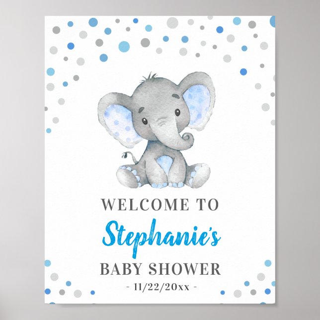 Blue Grått Elephant Polka Dot Baby Shower Välkomme Poster (Framsidan)