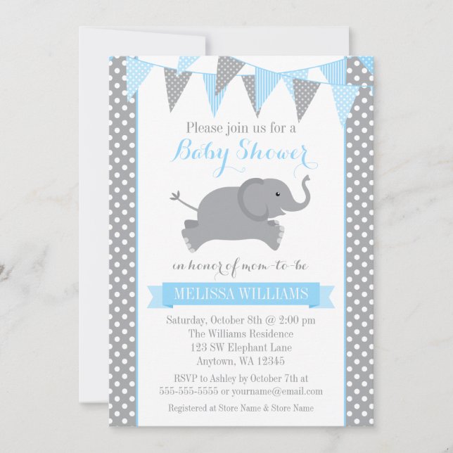 Blue Grått Elephant Polka Dot Bunting Baby Shower Inbjudningar (Framsida)