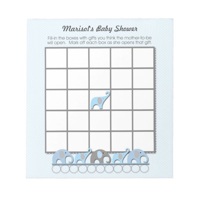 Blue Grått Elephants Baby Shower Bingo Game pad Anteckningsblock (Framsida)